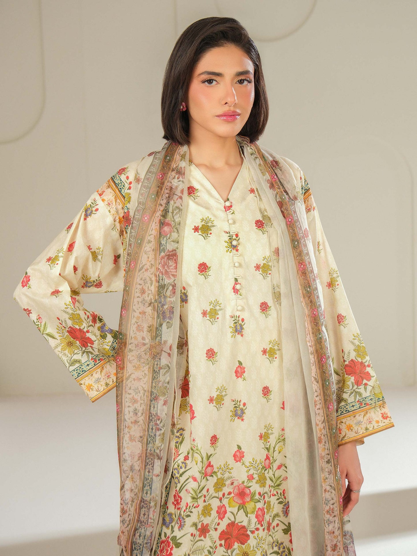 3 Piece Satin Suit-Printed (Unstitched)
