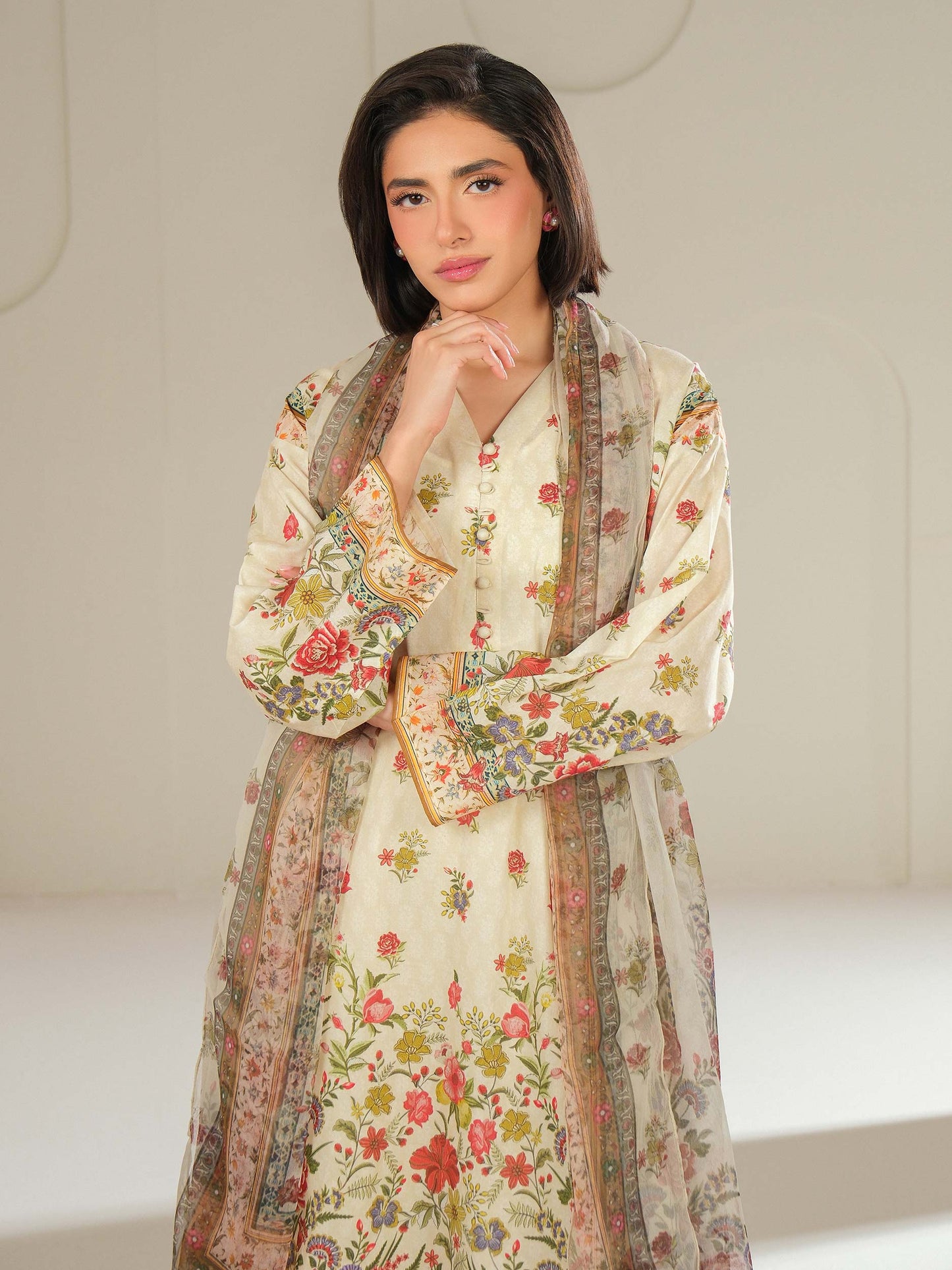 3 Piece Satin Suit-Printed (Unstitched)