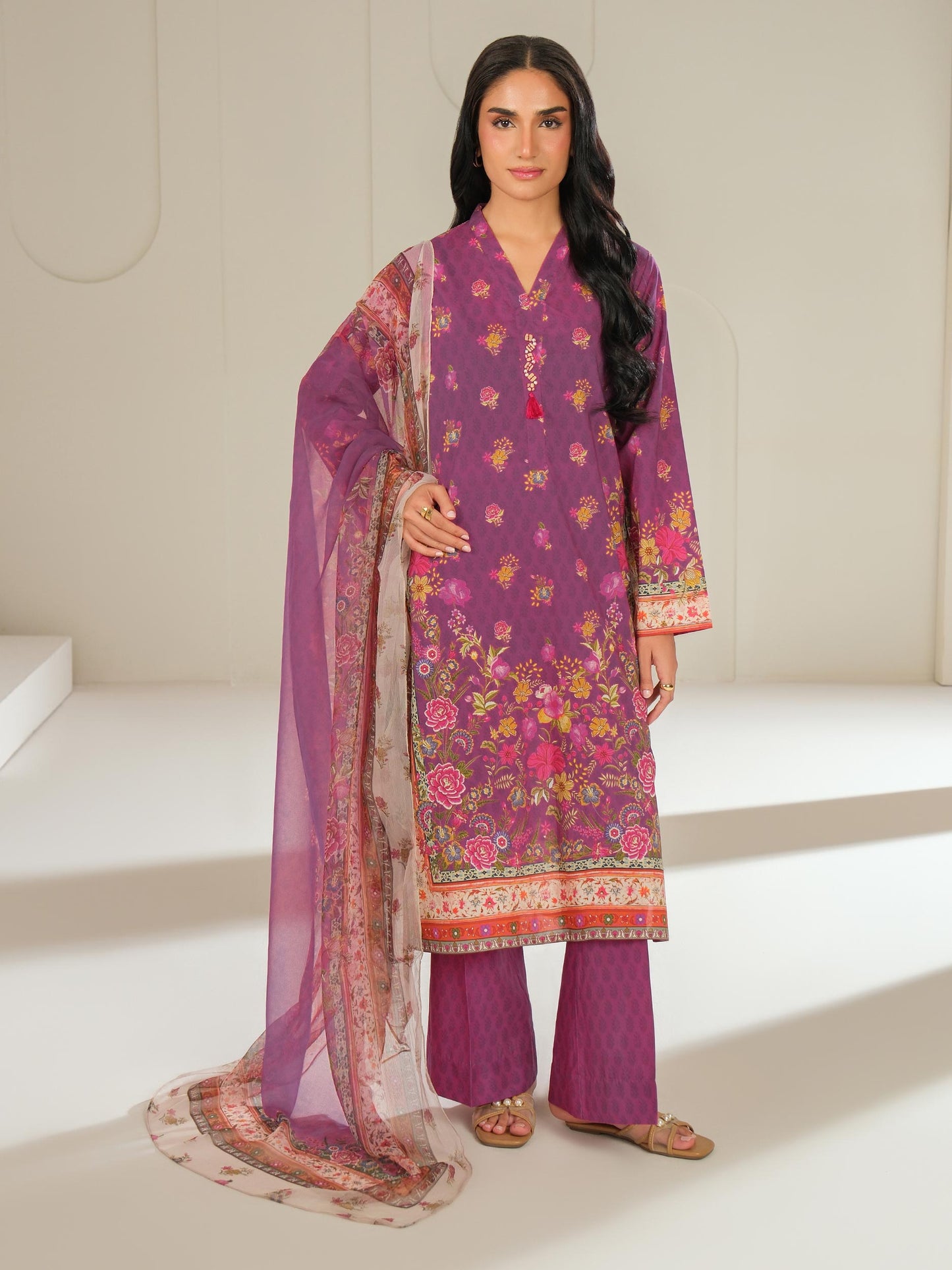 3 Piece Satin Suit-Printed (Unstitched)