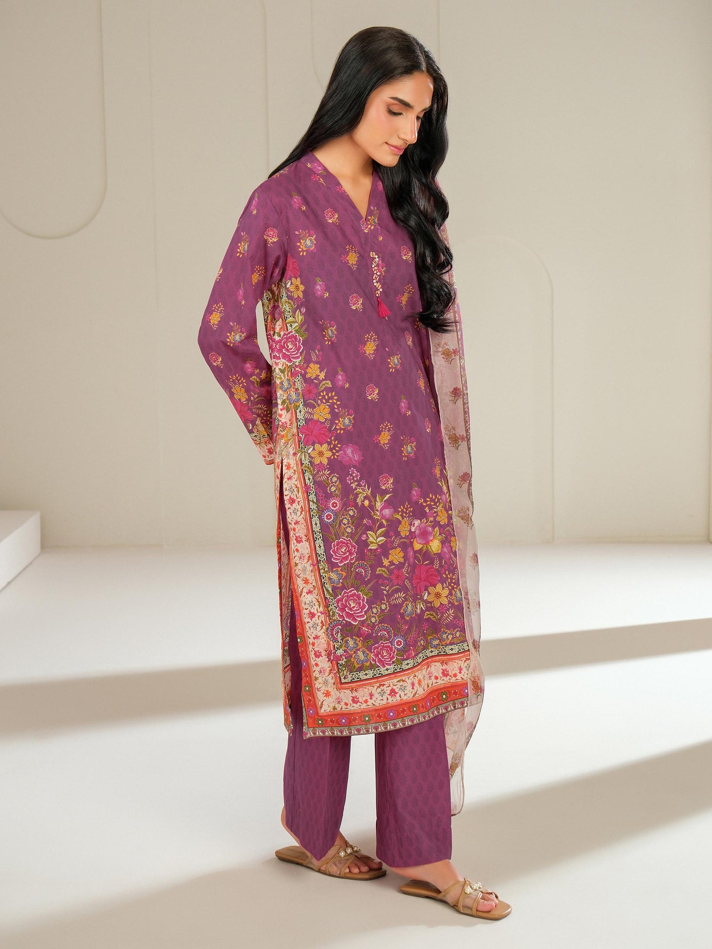 3 Piece Satin Suit-Printed (Unstitched)