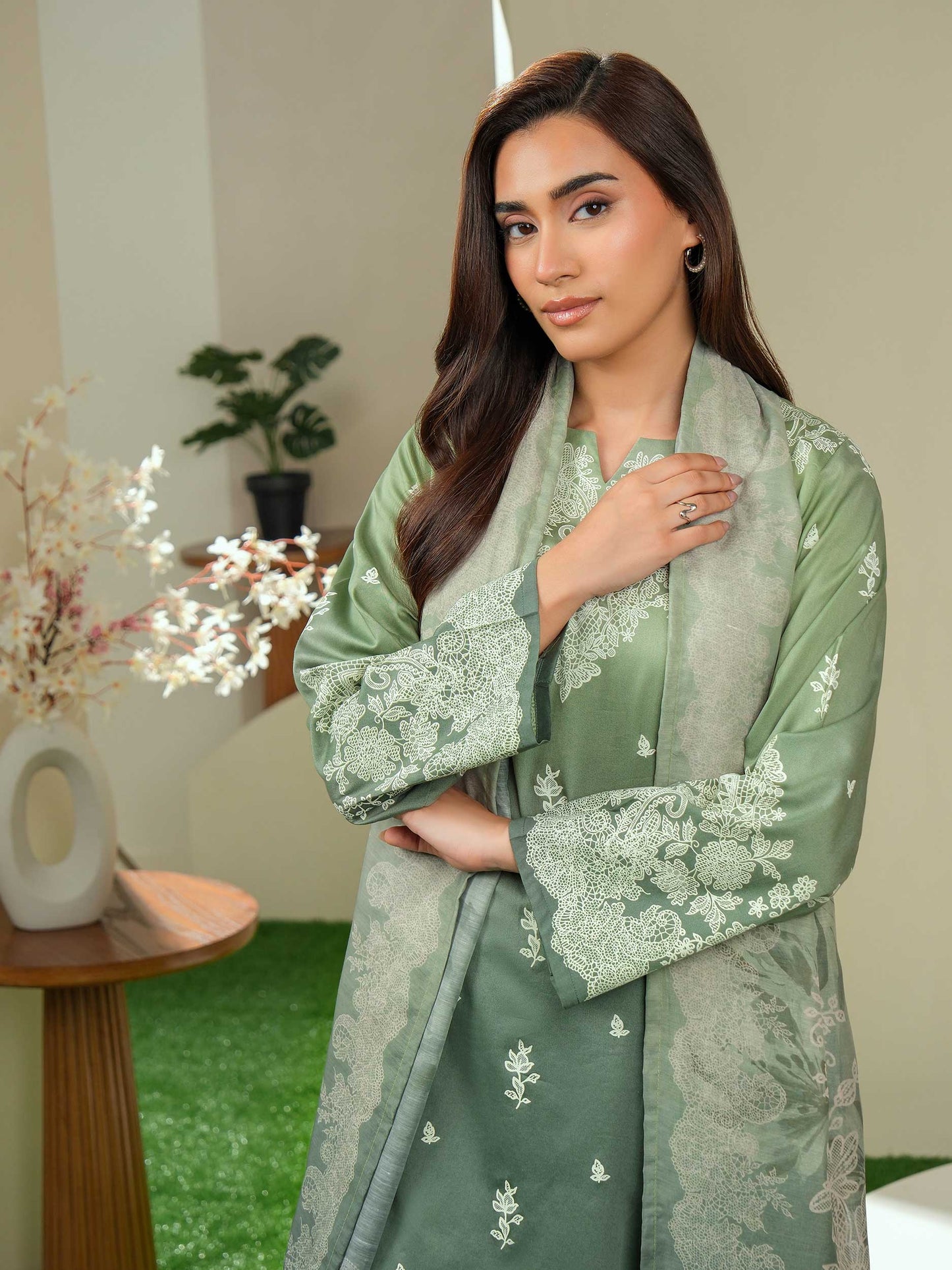 3 Piece Satin Suit-Paste Print (Unstitched)