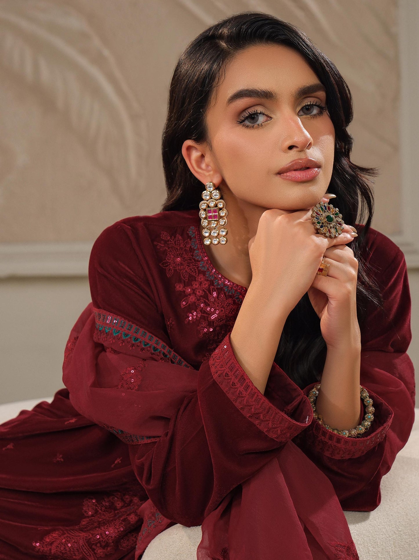 3 Piece Velvet Suit-Embroidered (Unstitched)