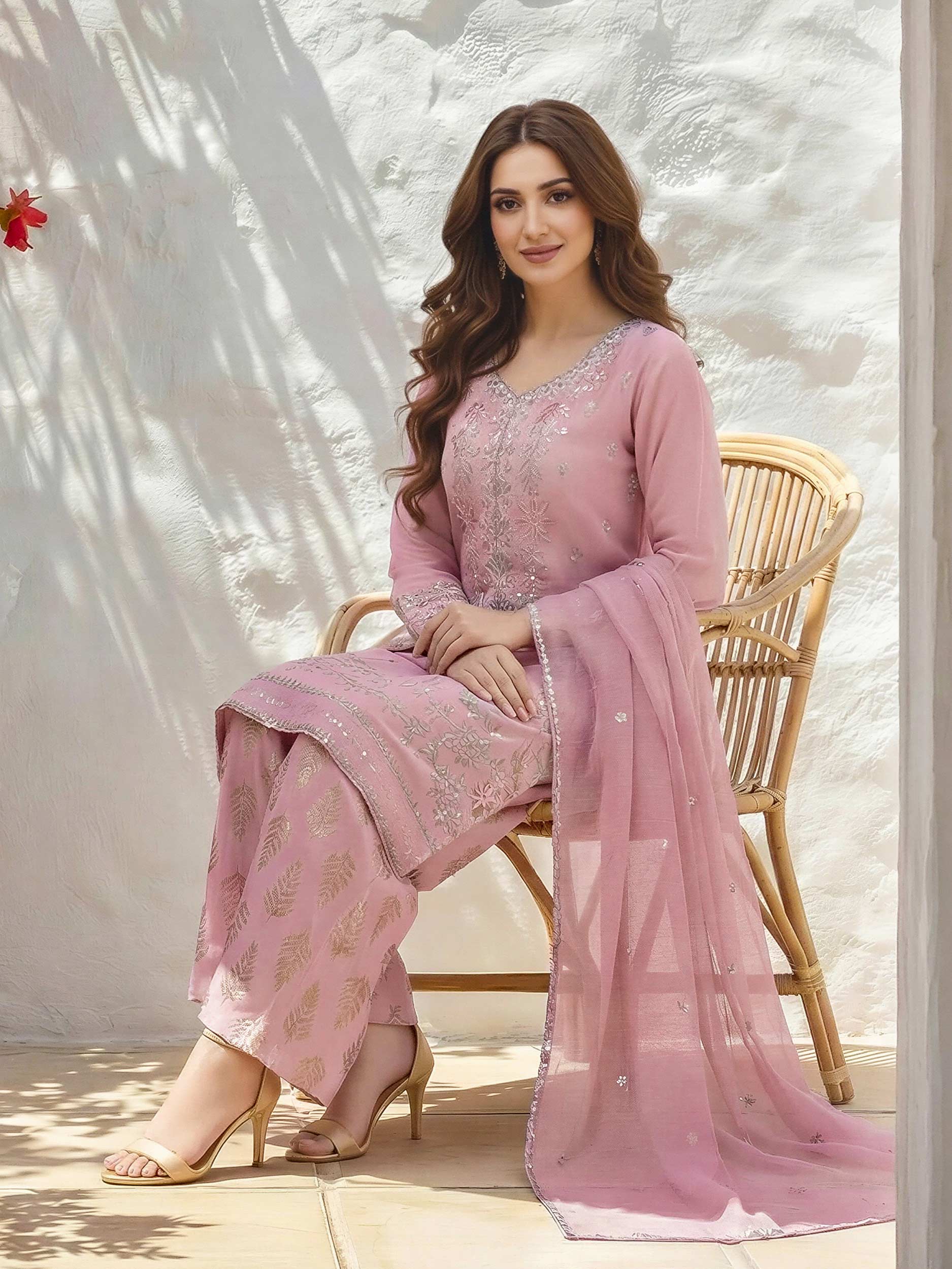 3 Piece Raw Silk Suit- Embroidered (Unstitched)