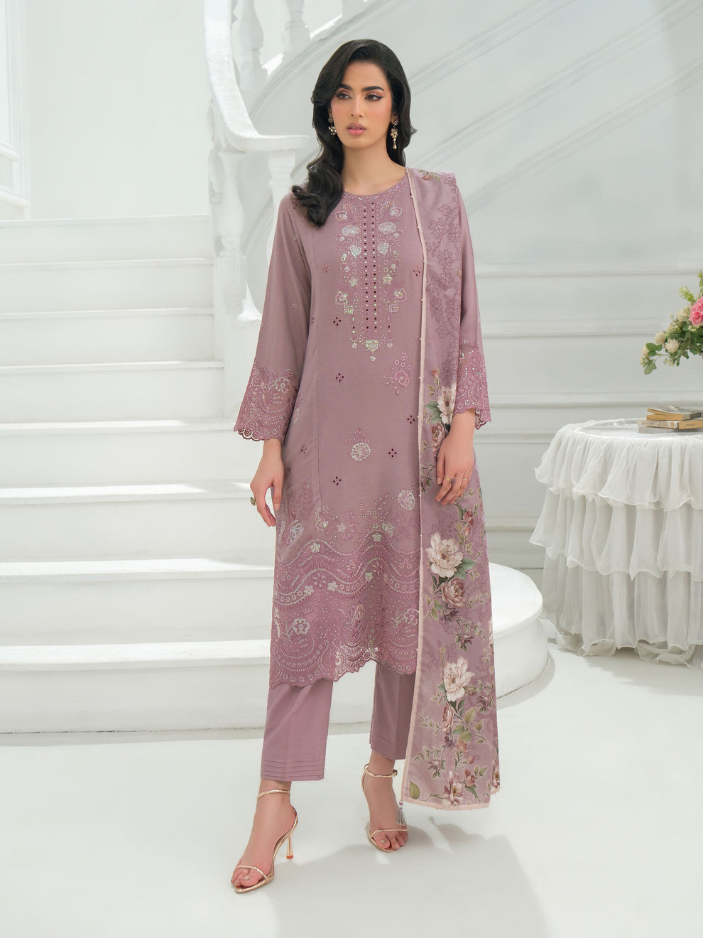 Symphony Hemline by Mushq Unstitched Karandi Embroidered 3 Piece MU25SK Plum Swirl - Winter Collection
