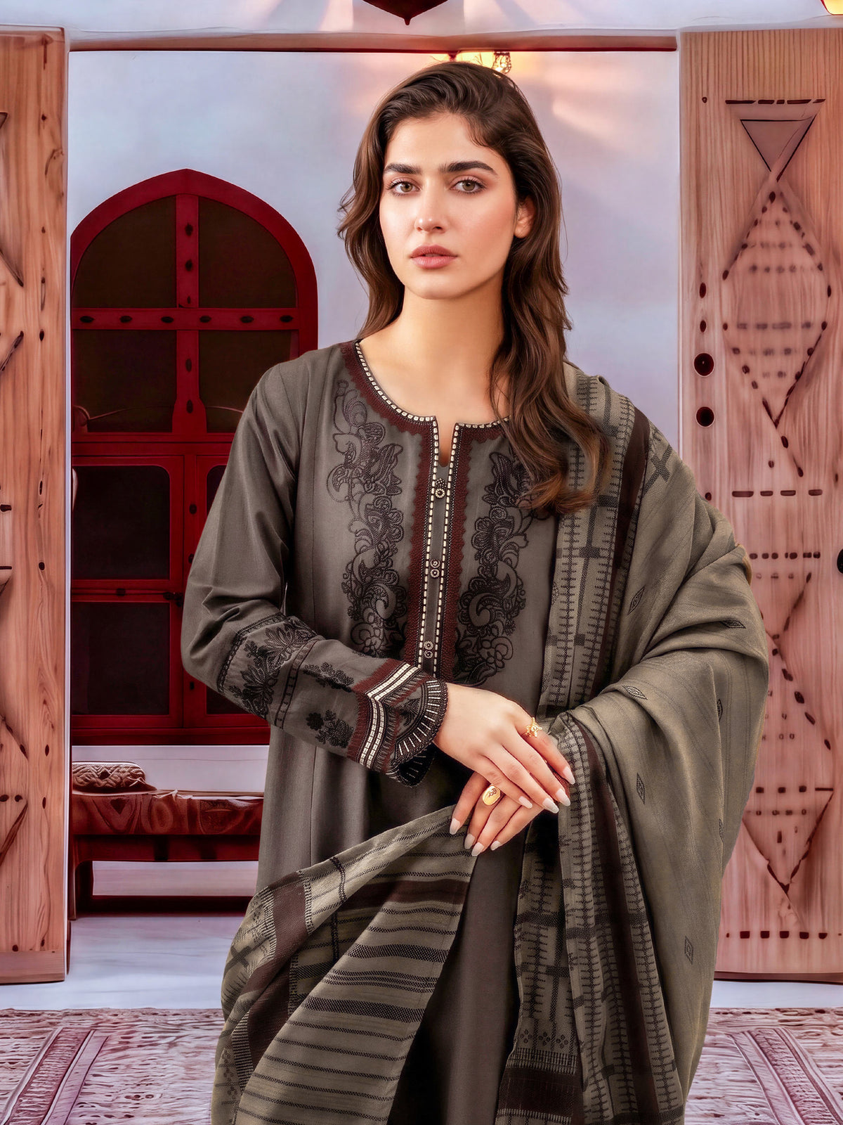 3 Piece Slub Khaddar Suit-Embroidered (Unstitched)