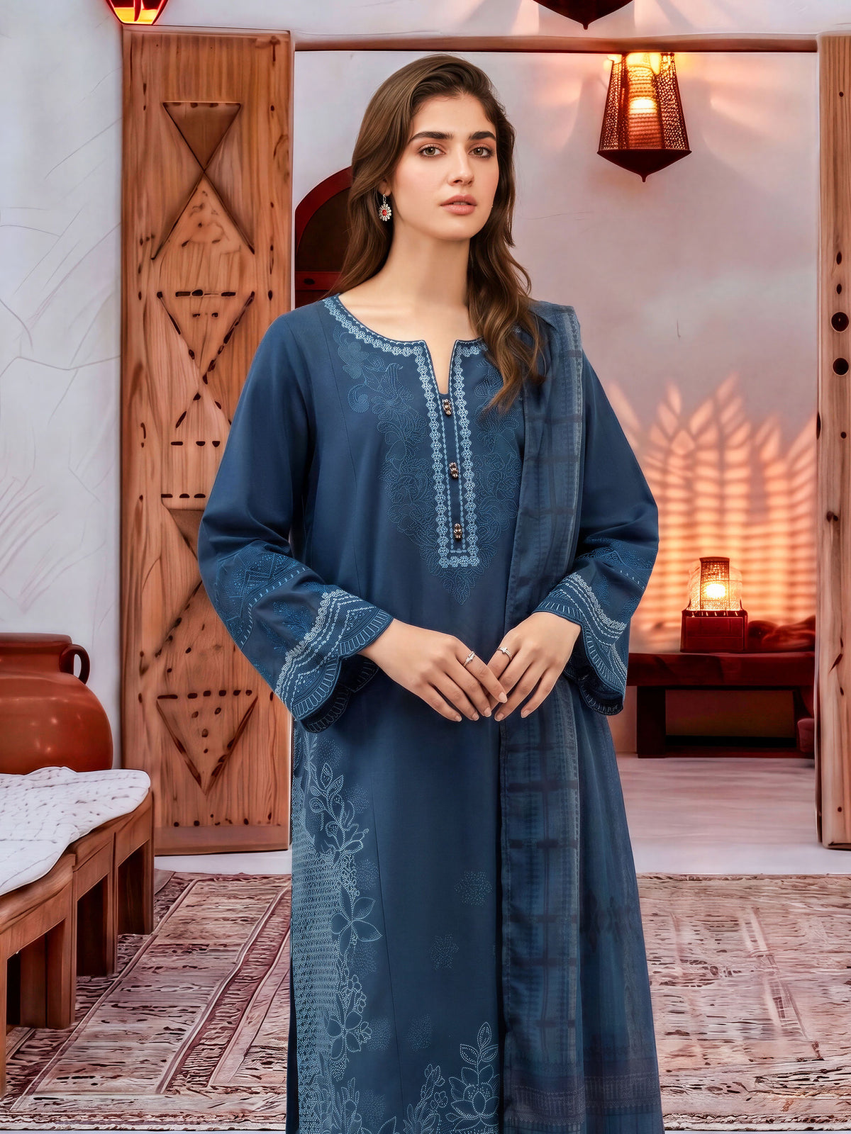 3 Piece Slub Khaddar Suit-Embroidered (Unstitched)