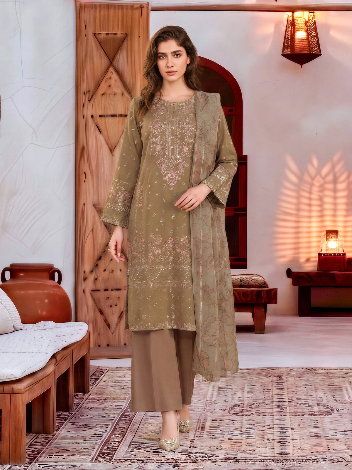 3 Piece Karandi Suit-Embroidered (Unstitched)