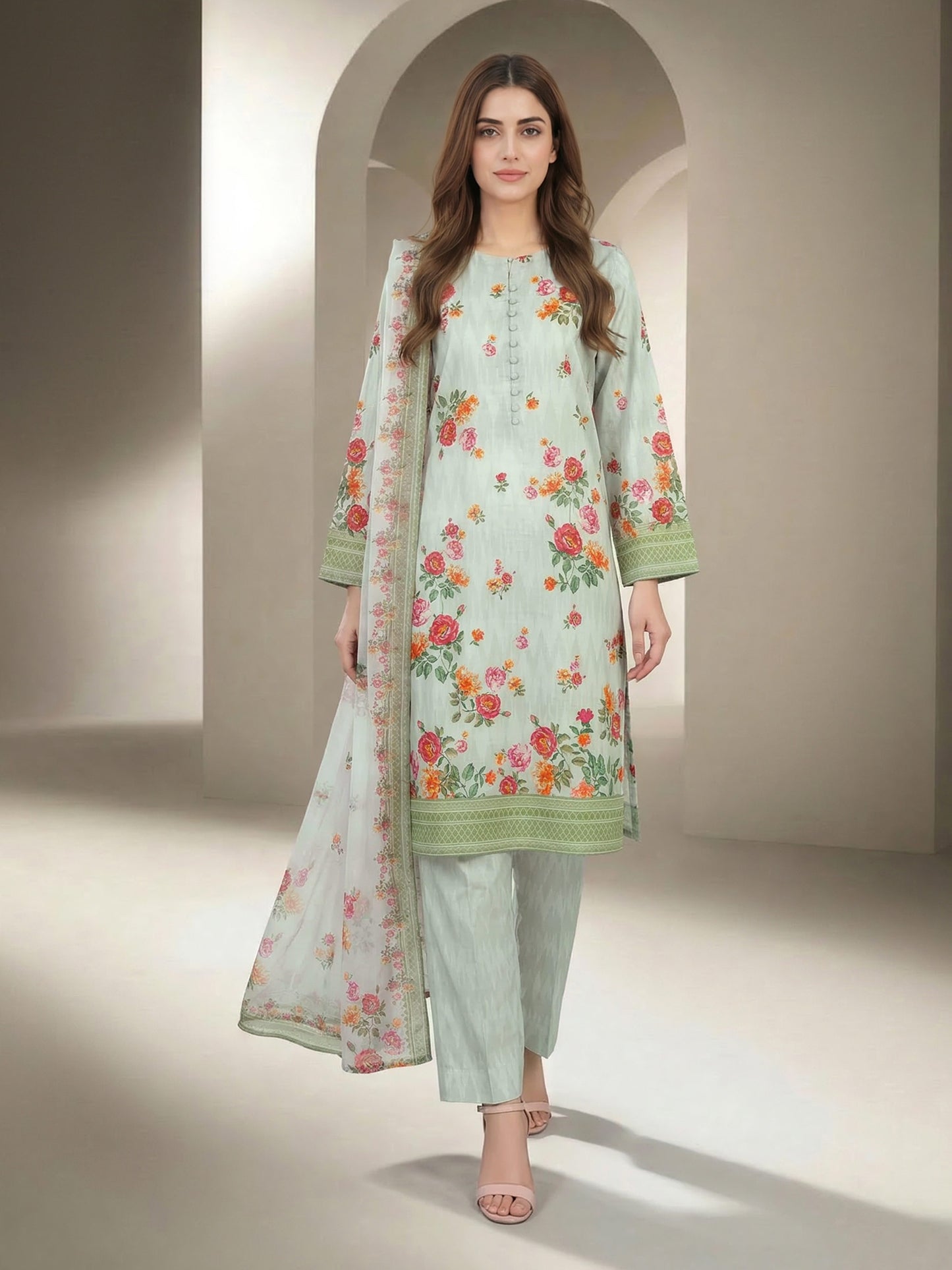 3 Piece Lawn Slub Suit- Printed (Unstitched)