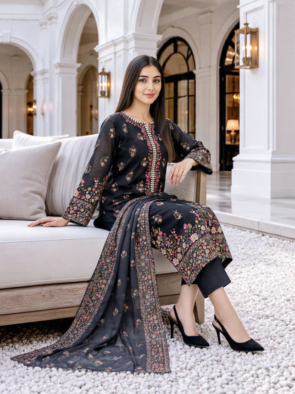 3 Piece Slub Khaddar Suit- Embroidered (Unstitched)