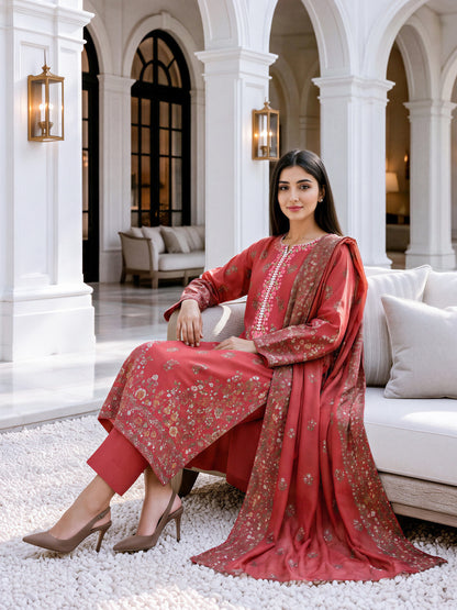 3 Piece Slub Khaddar Suit- Embroidered (Unstitched)