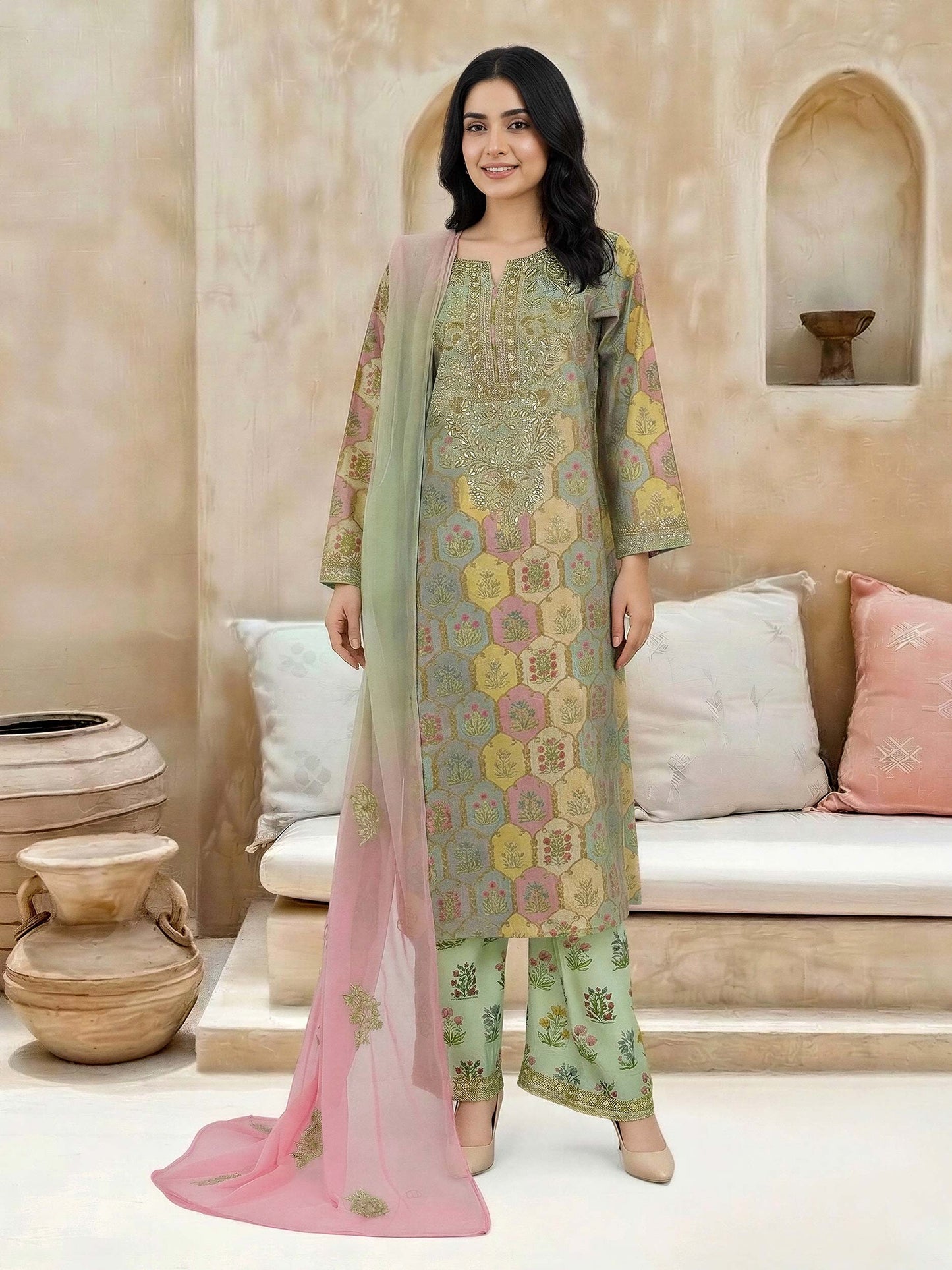 3 Piece Lawn Slub Suit-Embroidered (Unstitched)