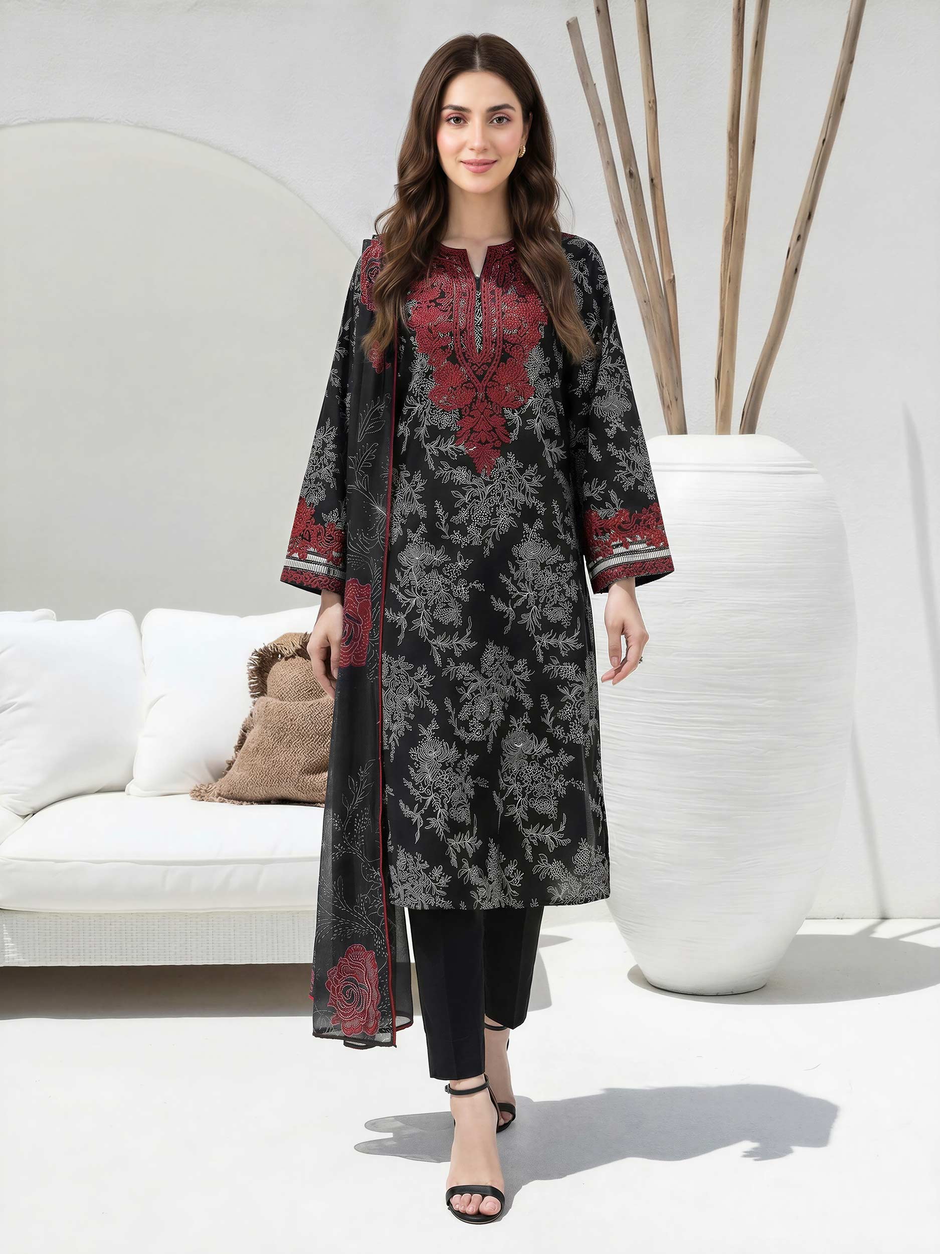 3 Piece Lawn Slub Suit-  Embroidered (Unstitched)