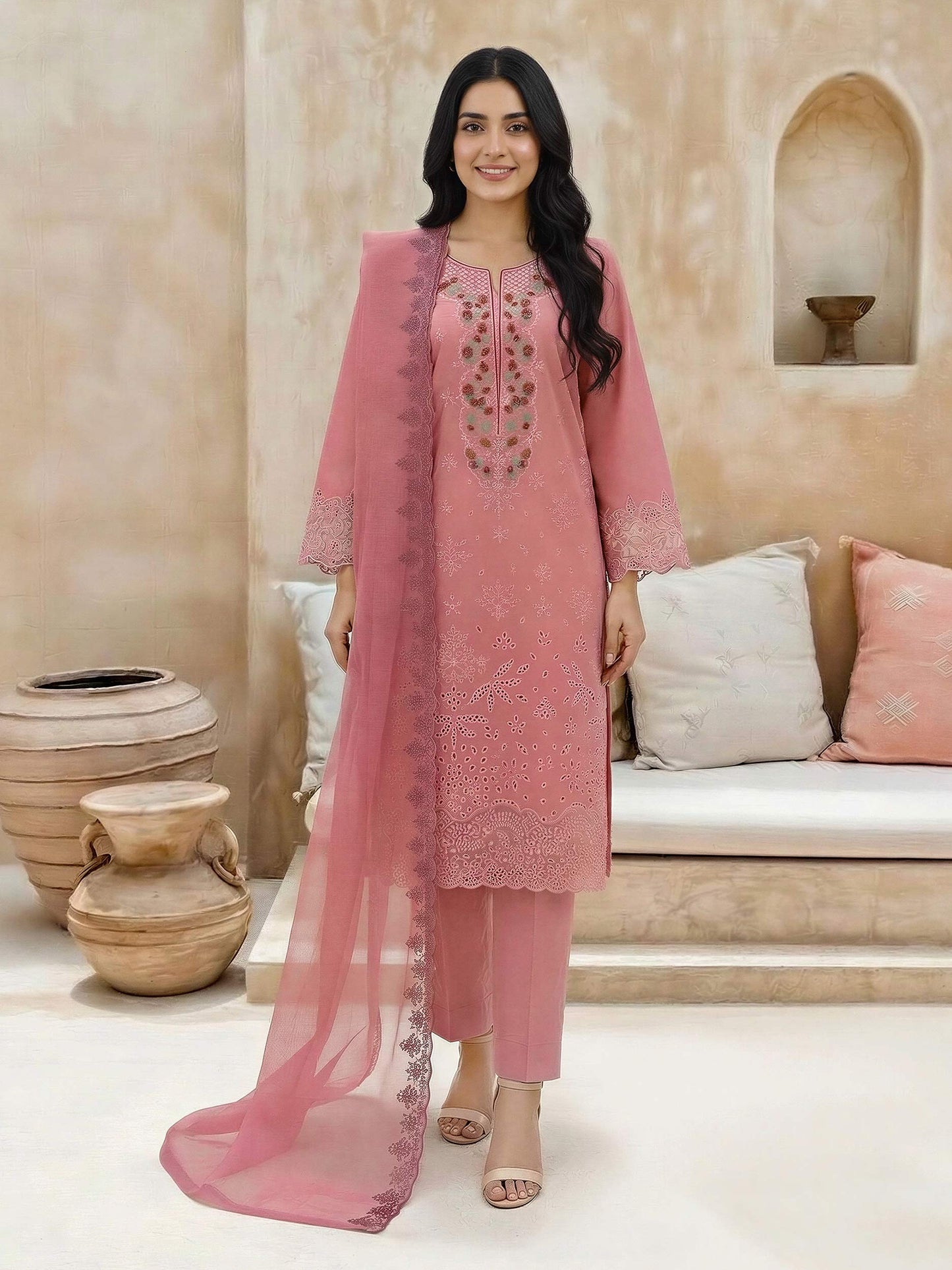 3 Piece Cambric Suit-Embroidered (Unstitched)