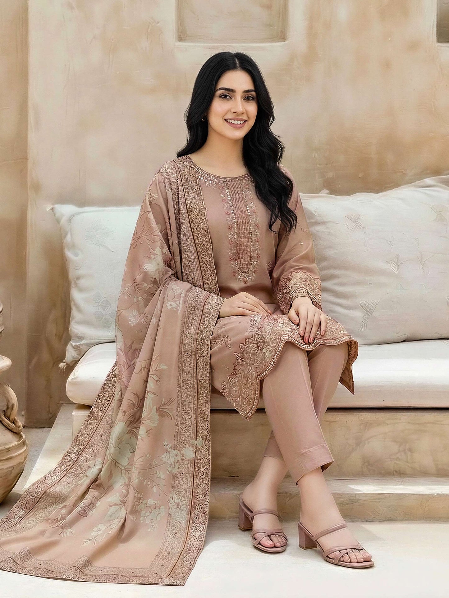 3 Piece Satin Suit-Embroidered (Unstitched)