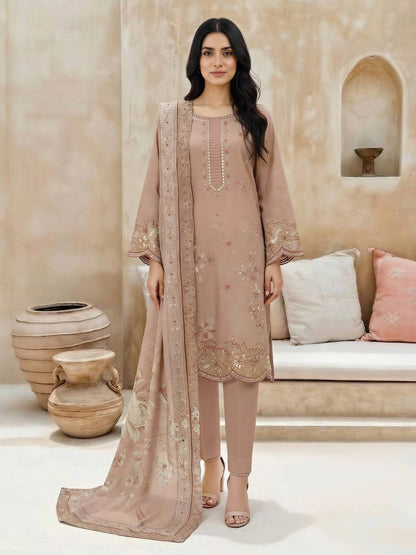 3 Piece Satin Suit-Embroidered (Unstitched)