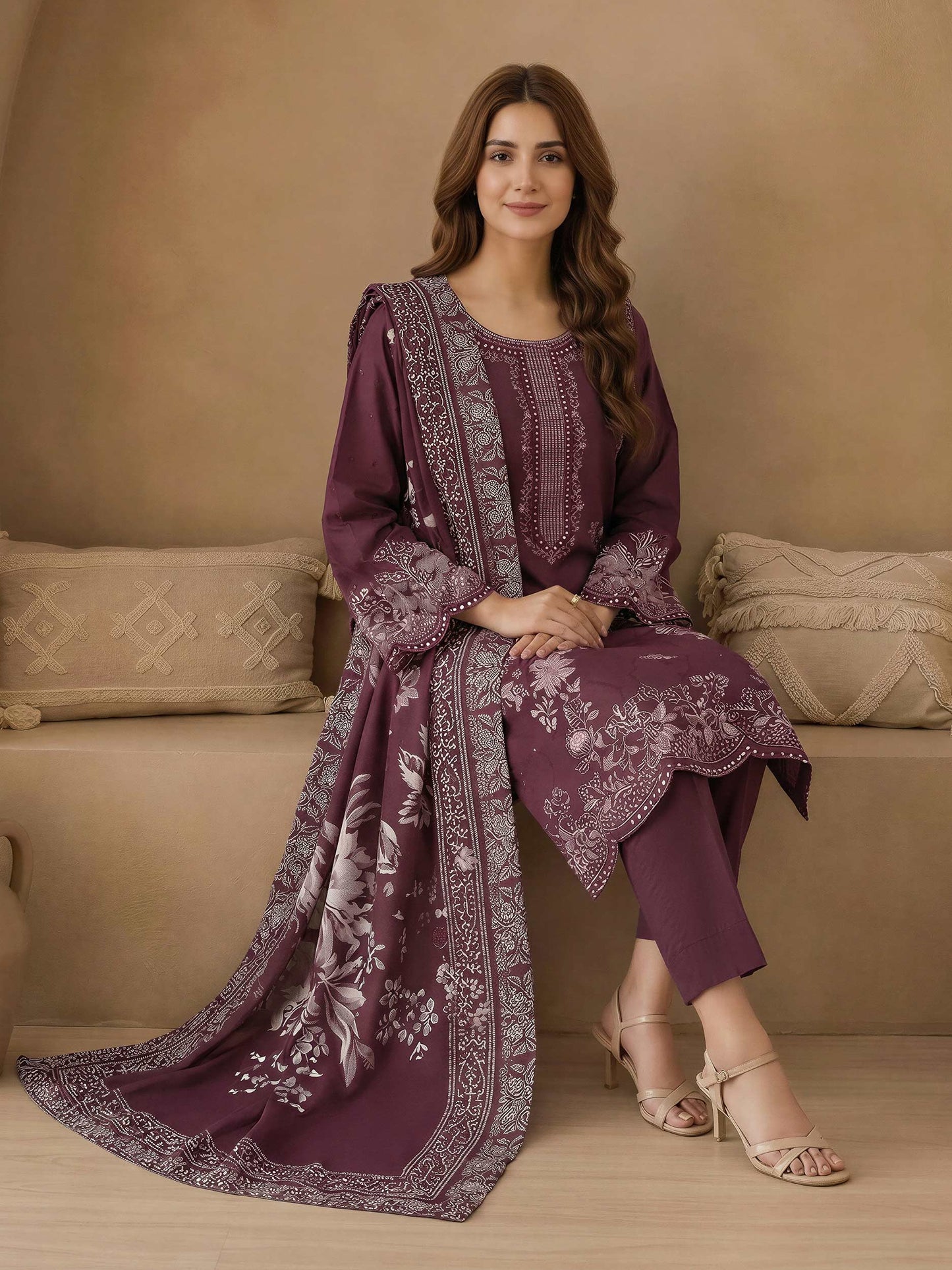 3 Piece Satin Suit-Embroidered (Unstitched)