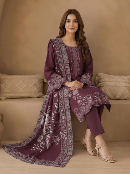 3 Piece Satin Suit-Embroidered (Unstitched)