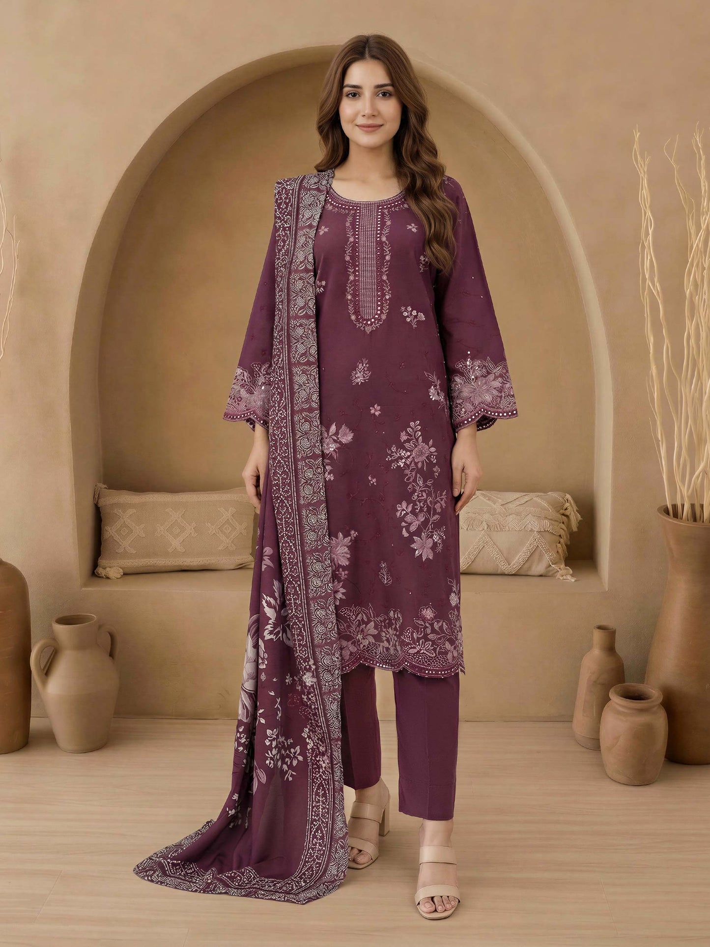 3 Piece Satin Suit-Embroidered (Unstitched)