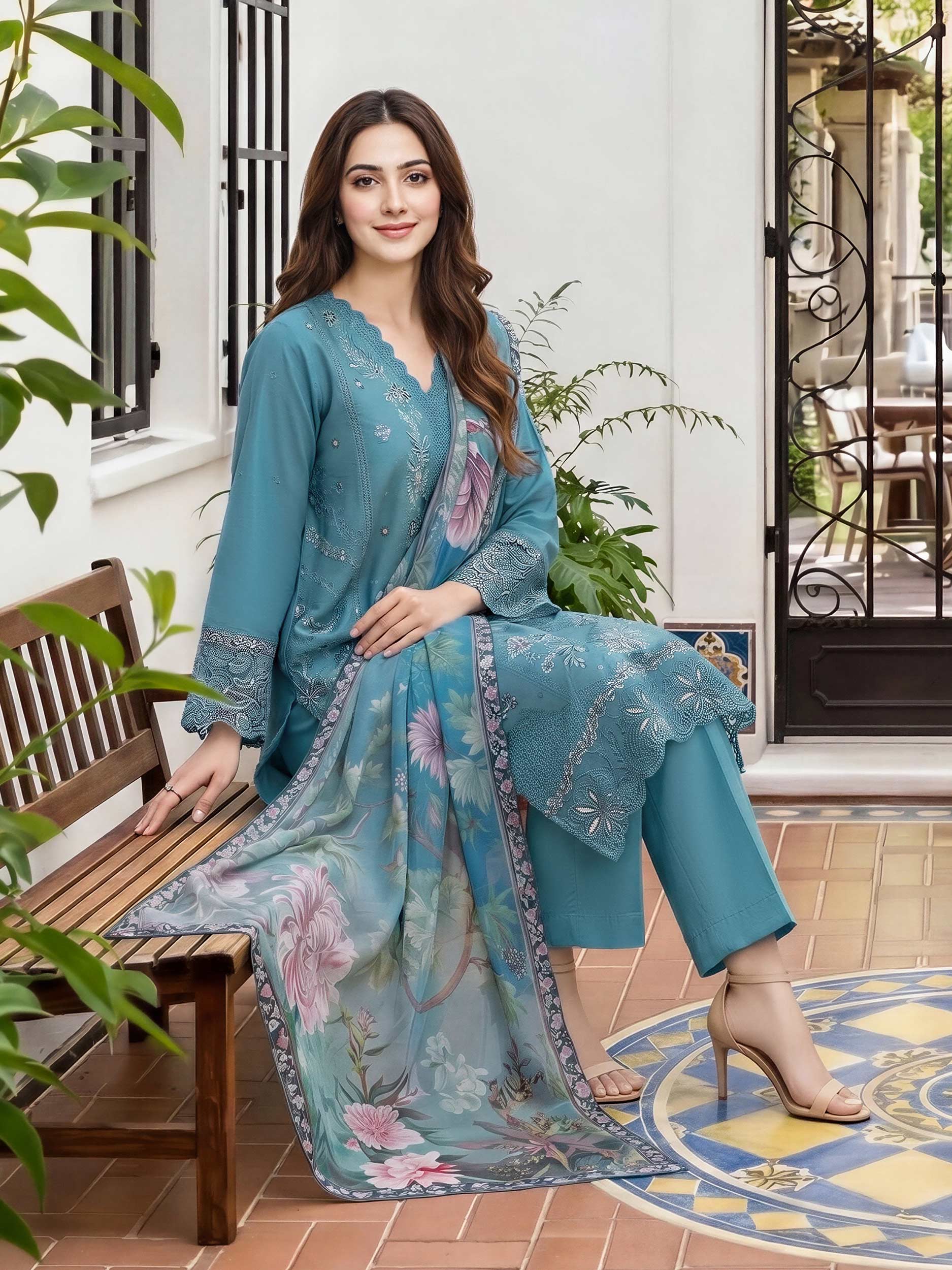 3 Piece Satin Suit- Embroidered (Unstitched)