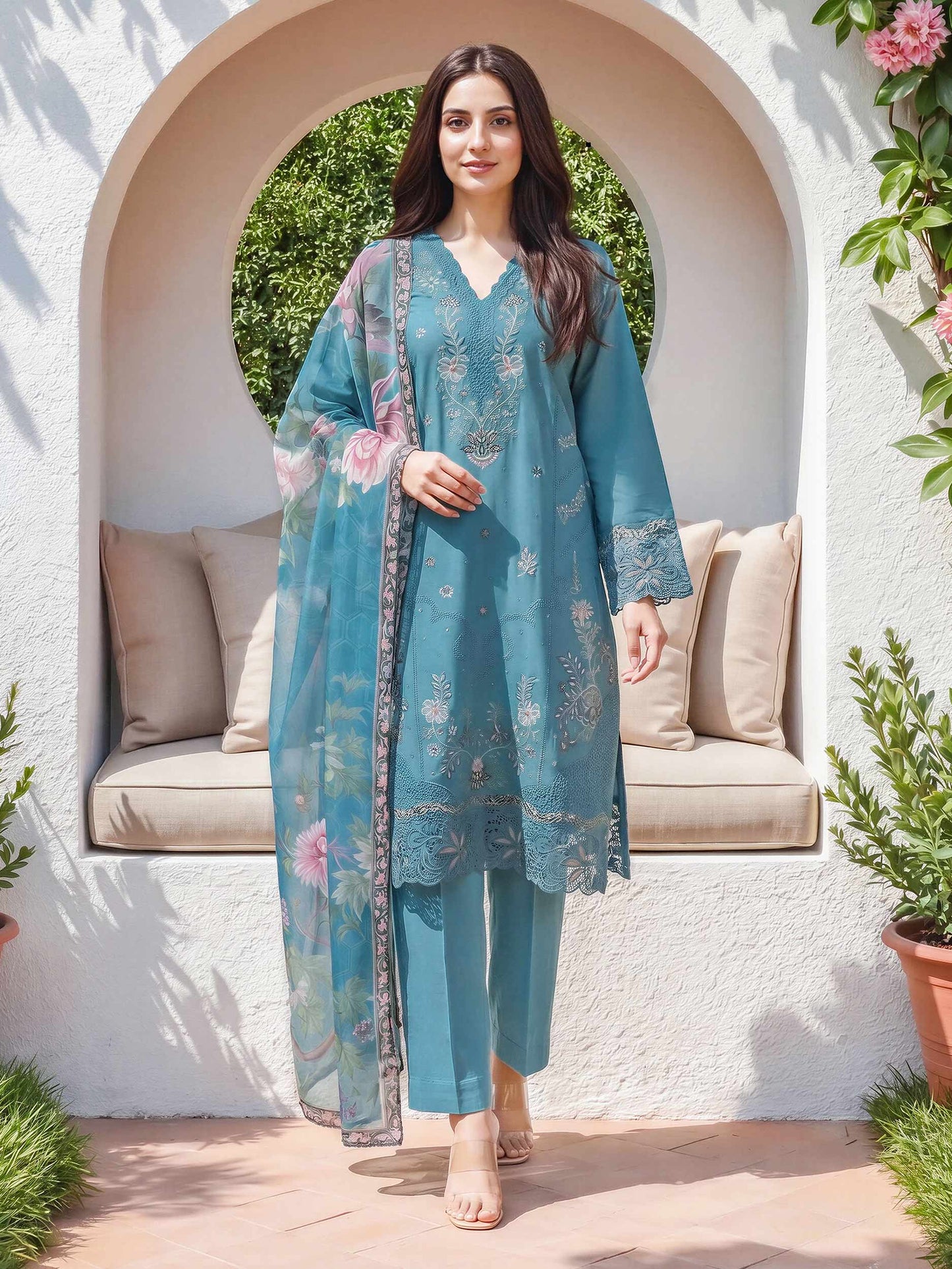 3 Piece Satin Suit- Embroidered (Unstitched)