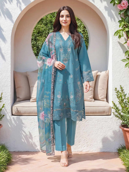 3 Piece Satin Suit- Embroidered (Unstitched)
