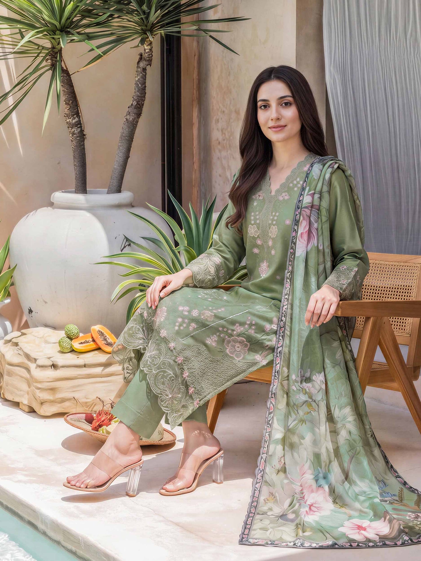 3 Piece Satin Suit- Embroidered (Unstitched)