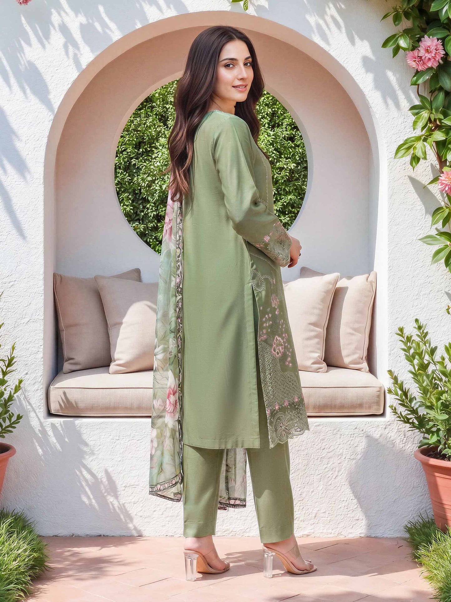 3 Piece Satin Suit- Embroidered (Unstitched)