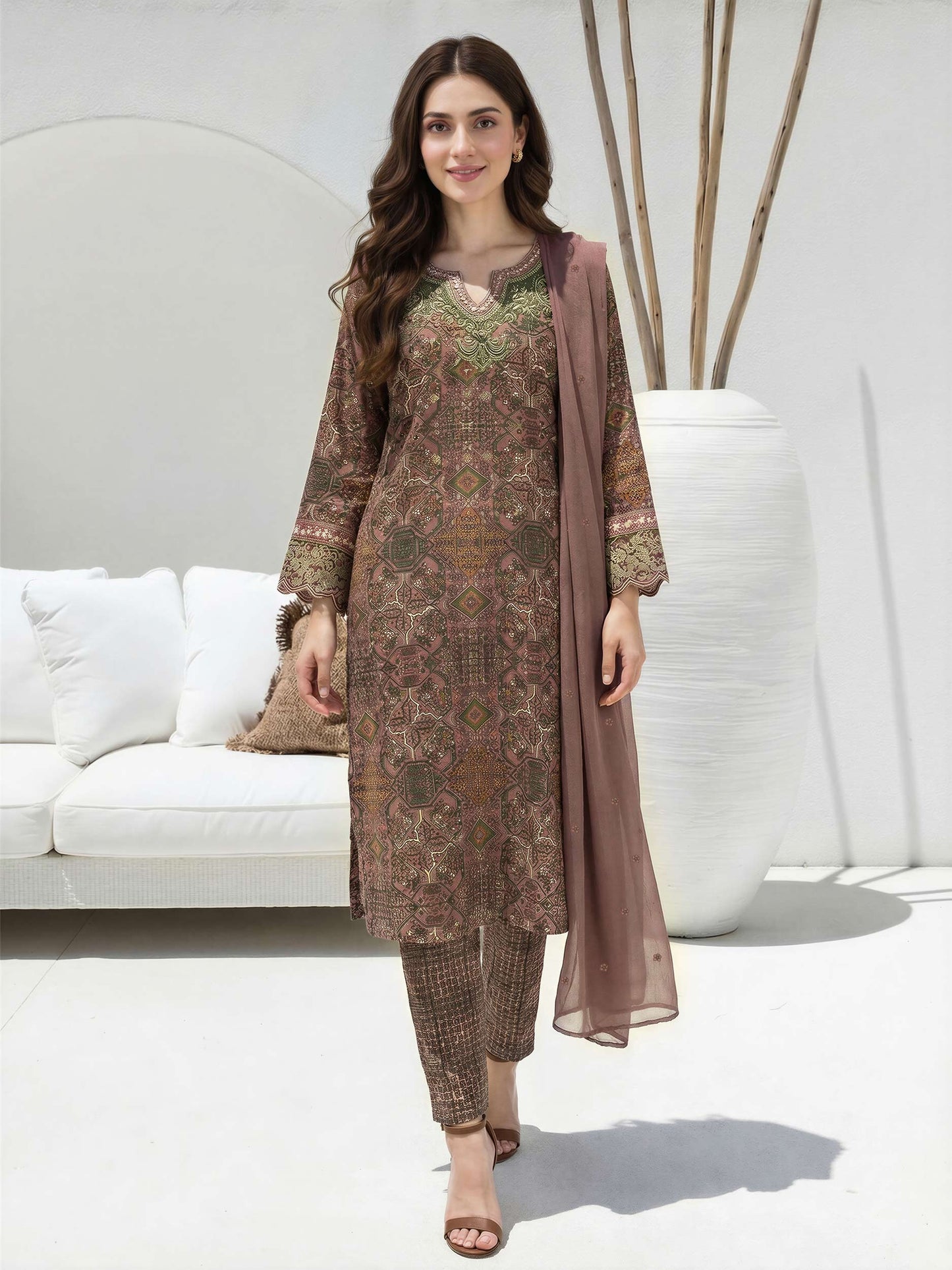 3 Piece Lawn Slub Suit-Embroidered (Unstitched)