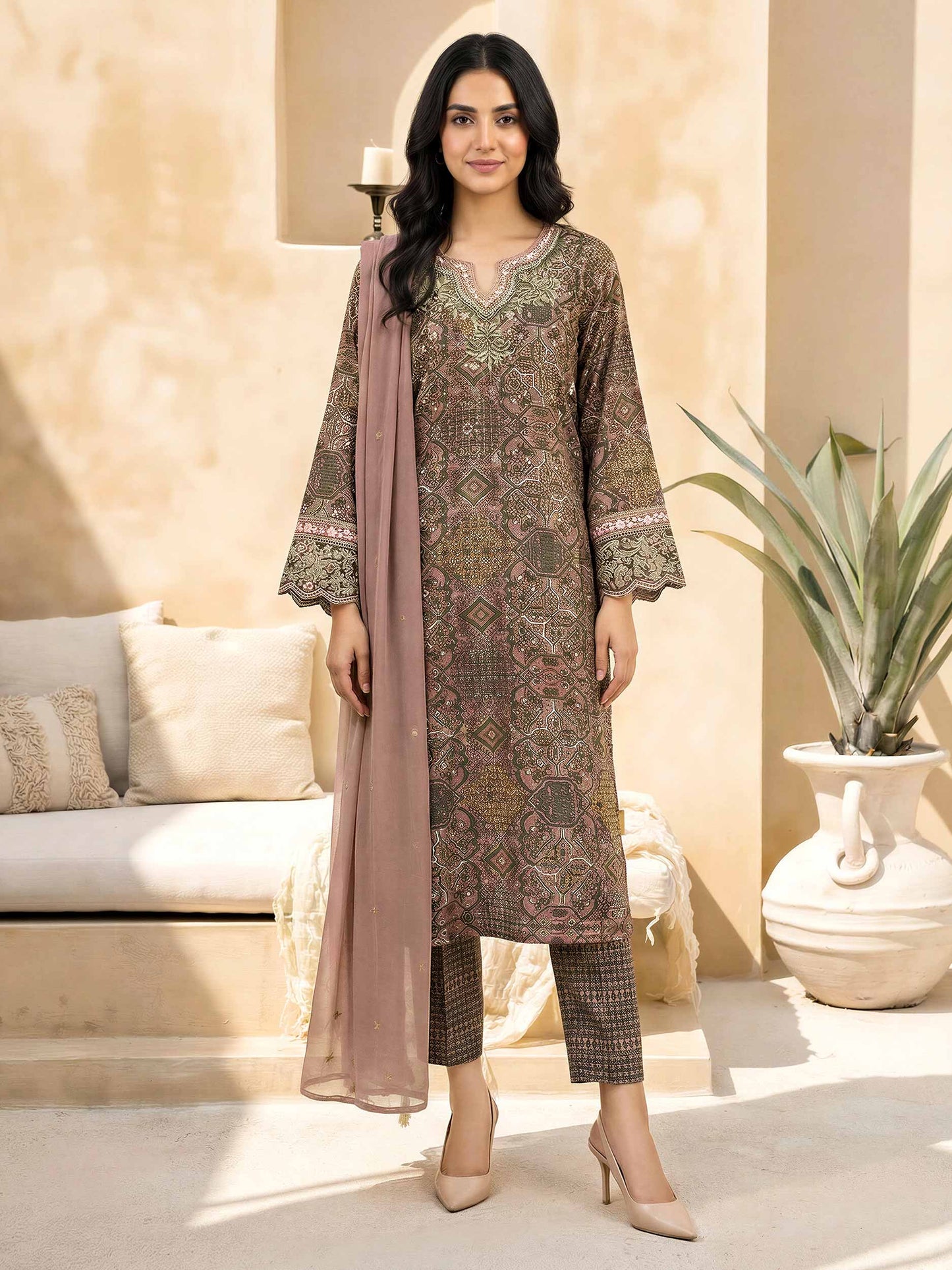 3 Piece Lawn Slub Suit-Embroidered (Unstitched)