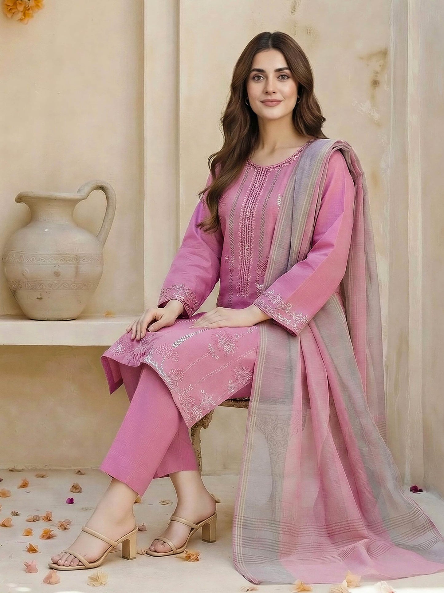 3 Piece Yarn Dyed Suit- Embroidered (Unstitched)