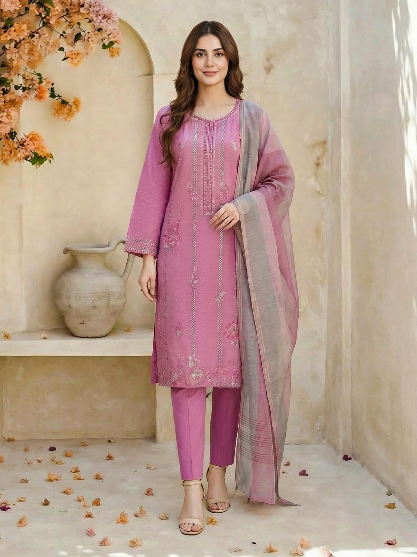 3 Piece Yarn Dyed Suit- Embroidered (Unstitched)