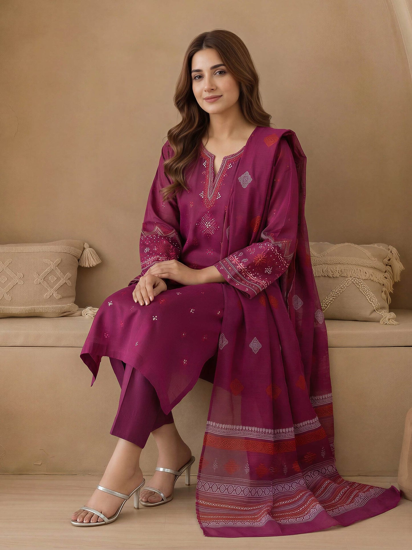 3 Piece Raw Silk Suit-Embroidered (Unstitched)