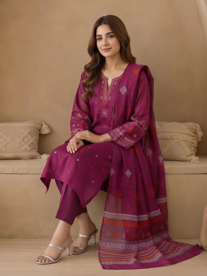 3 Piece Raw Silk Suit-Embroidered (Unstitched)