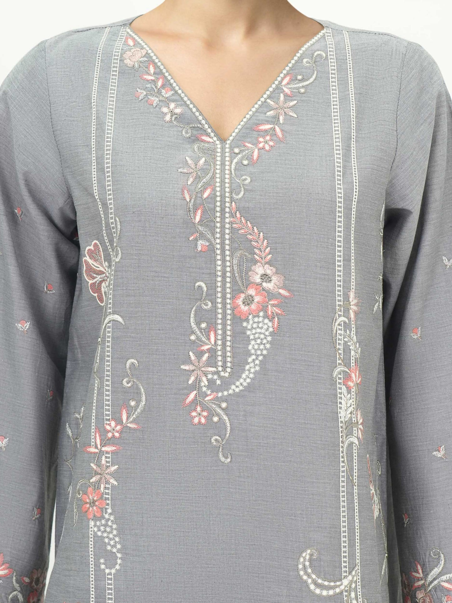 3 Piece Chambray Suit-Embroidered (Unstitched)