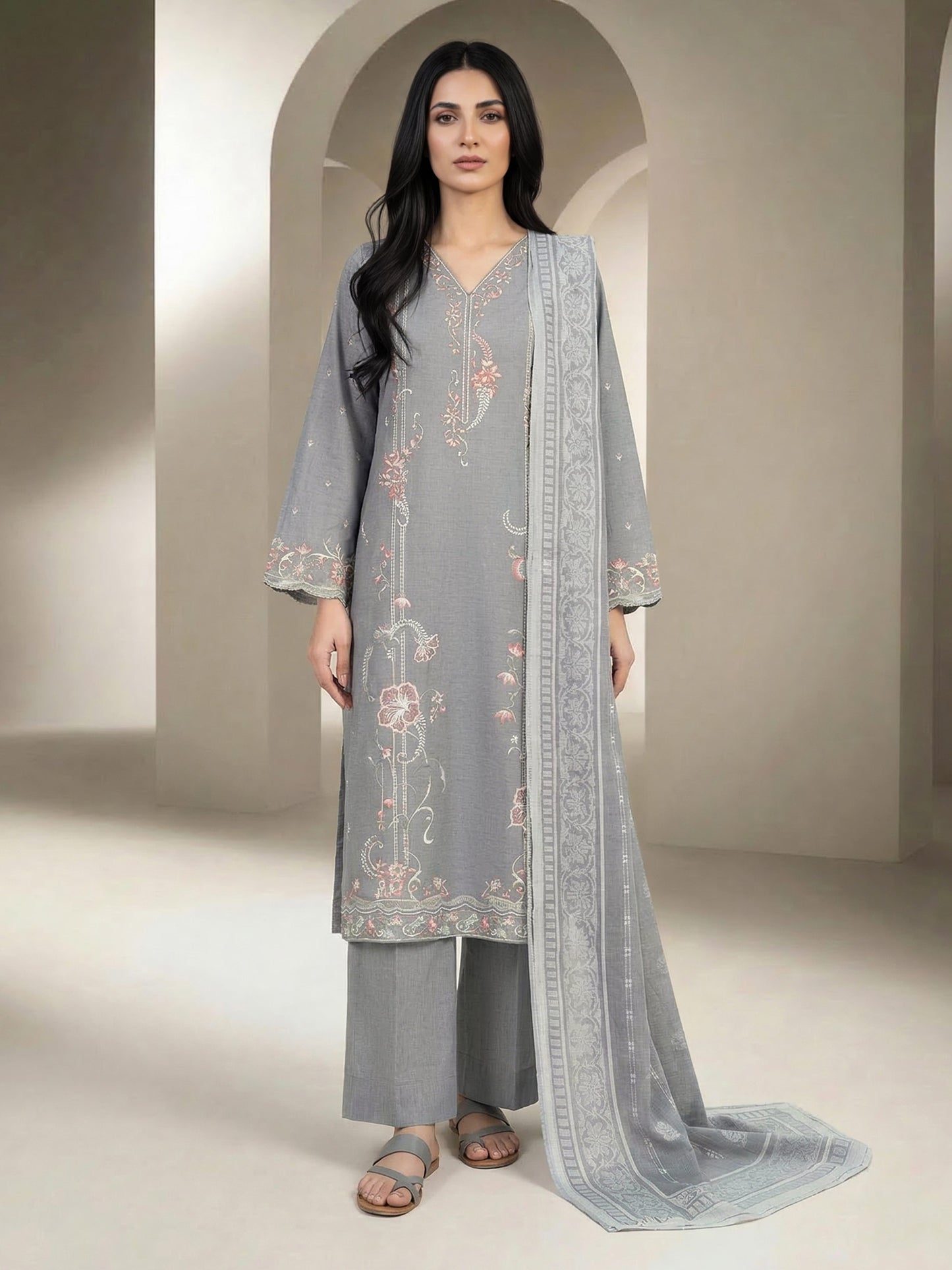 3 Piece Chambray Suit-Embroidered (Unstitched)