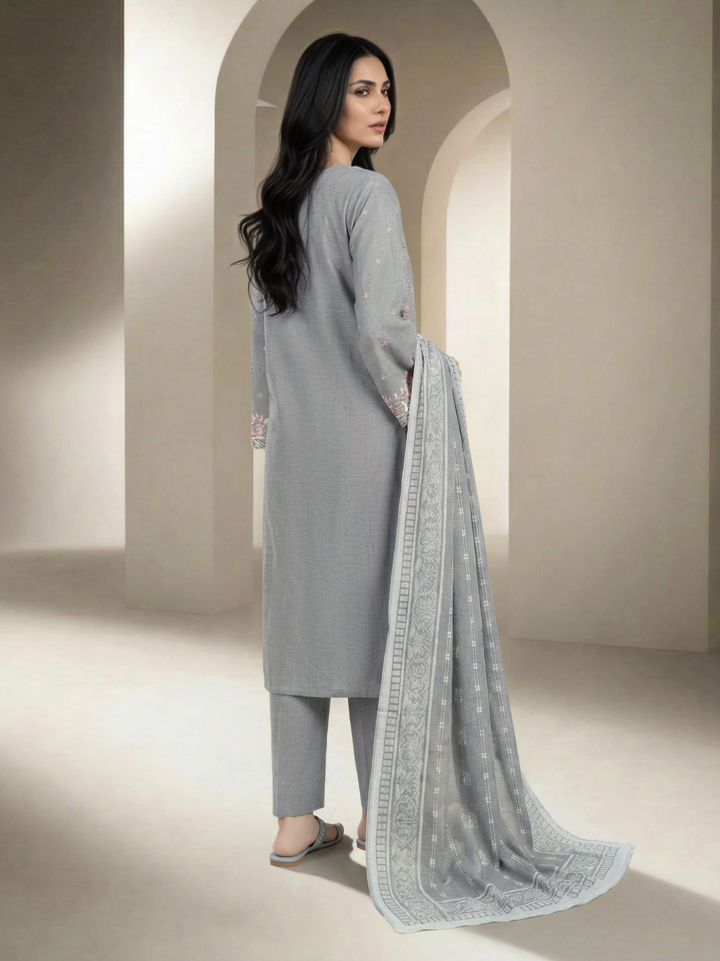 3 Piece Chambray Suit-Embroidered (Unstitched)
