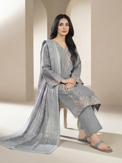 3 Piece Chambray Suit-Embroidered (Unstitched)