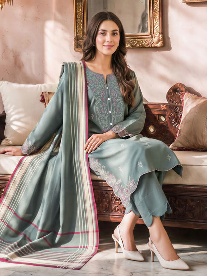 3 Piece Slub Khaddar Suit- Embroidered (Unstitched)