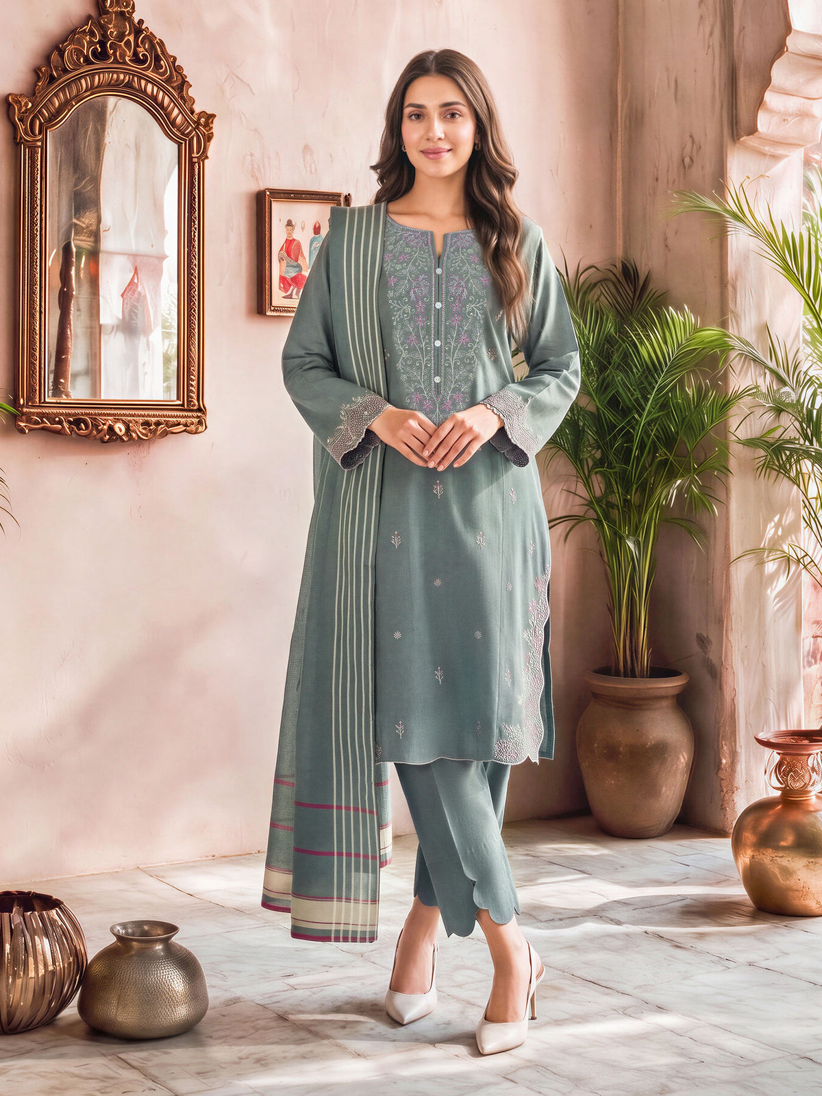 3 Piece Slub Khaddar Suit- Embroidered (Unstitched)