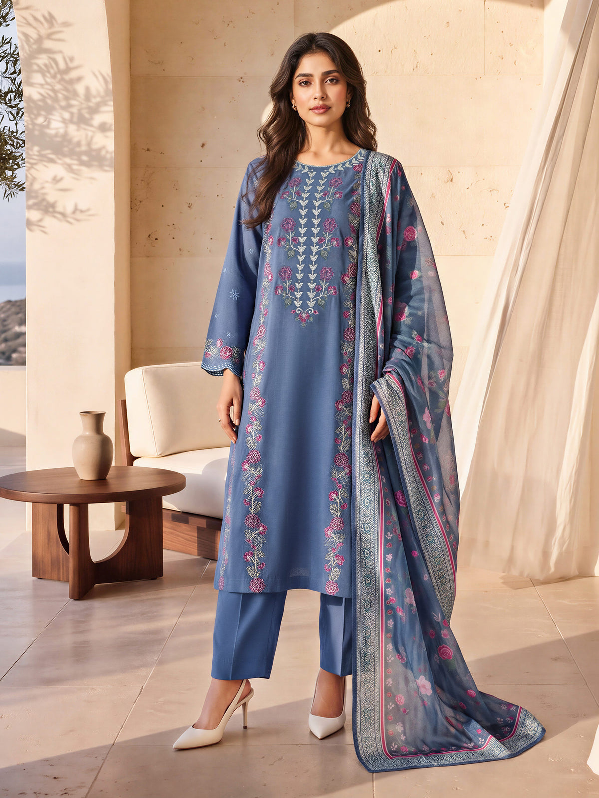 3 Piece Slub Khaddar Suit- Embroidered (Unstitched)