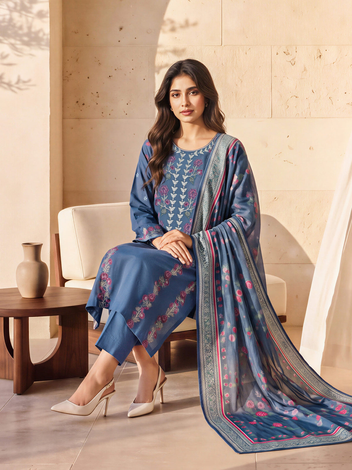 3 Piece Slub Khaddar Suit- Embroidered (Unstitched)