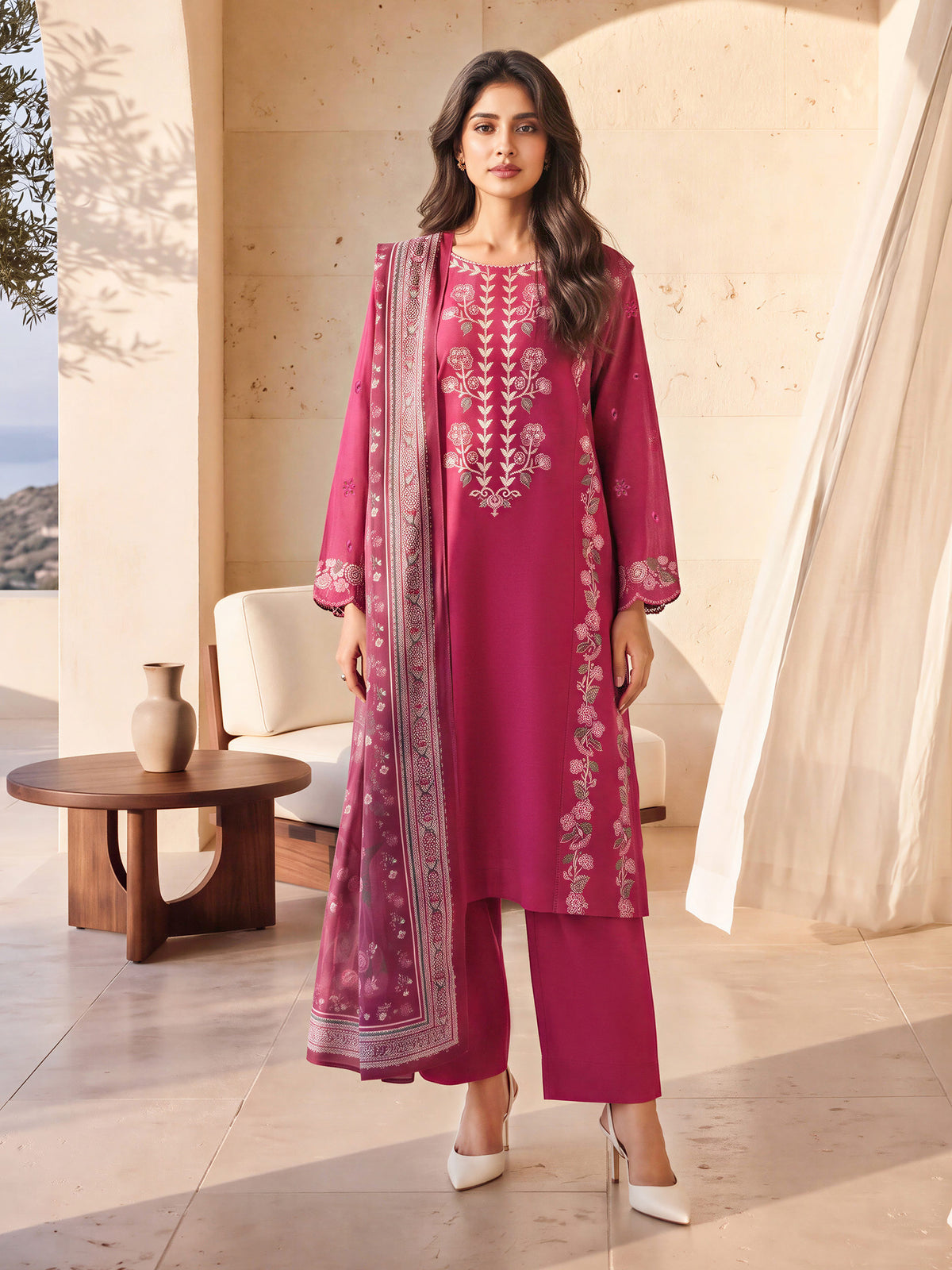 3 Piece Slub Khaddar Suit- Embroidered (Unstitched)