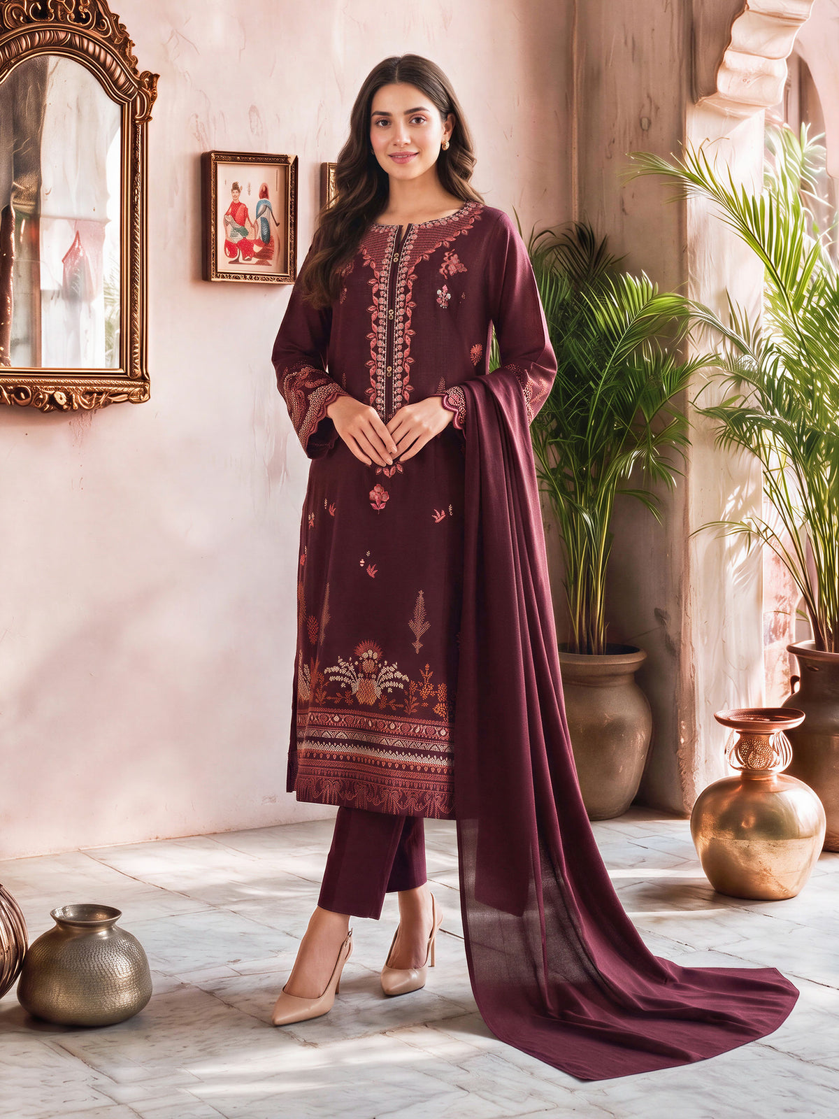 3 Piece Slub Khaddar Suit- Embroidered (Unstitched)