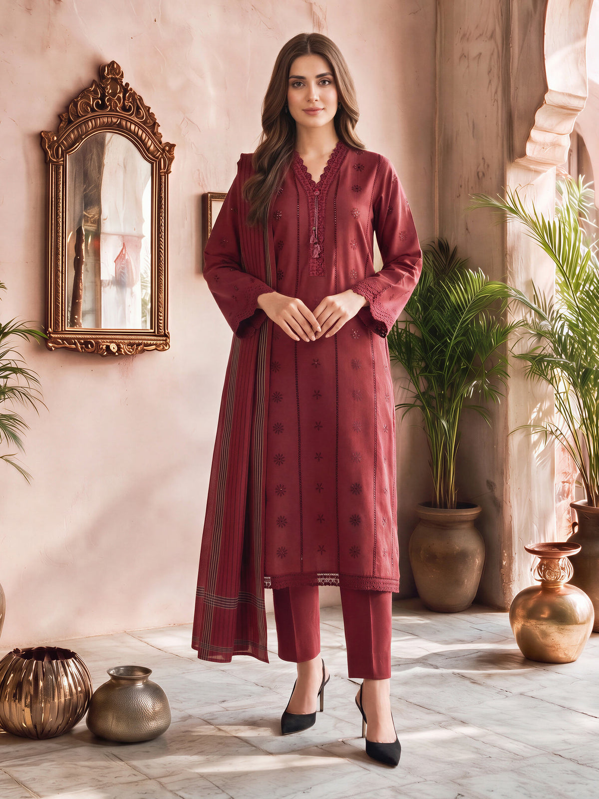3 Piece Slub Khaddar Suit- Embroidered (Unstitched)
