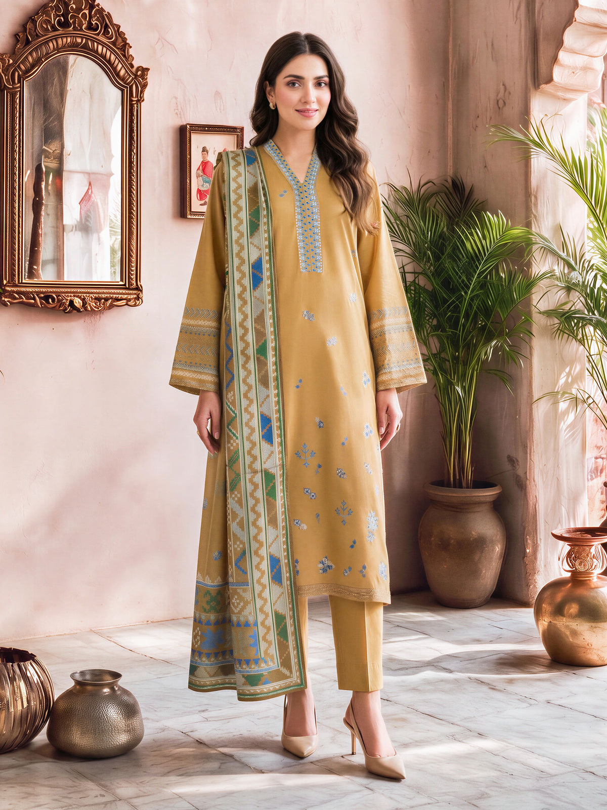 3 Piece Poly Marina Suit- Embroidered (Unstitched)