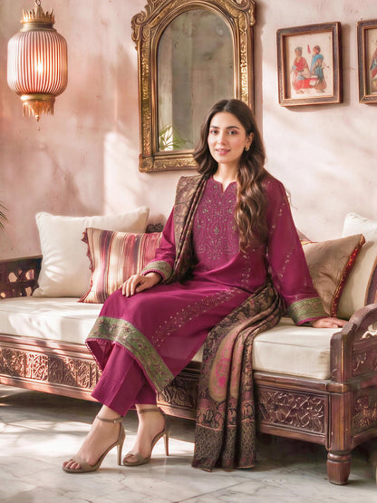 3 Piece Slub Khaddar Suit- Embroidered (Unstitched)