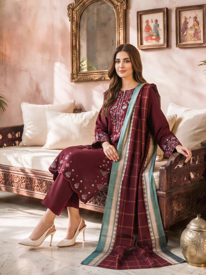 3 Piece Viscose Khaddar Suit- Embroidered (Unstitched)