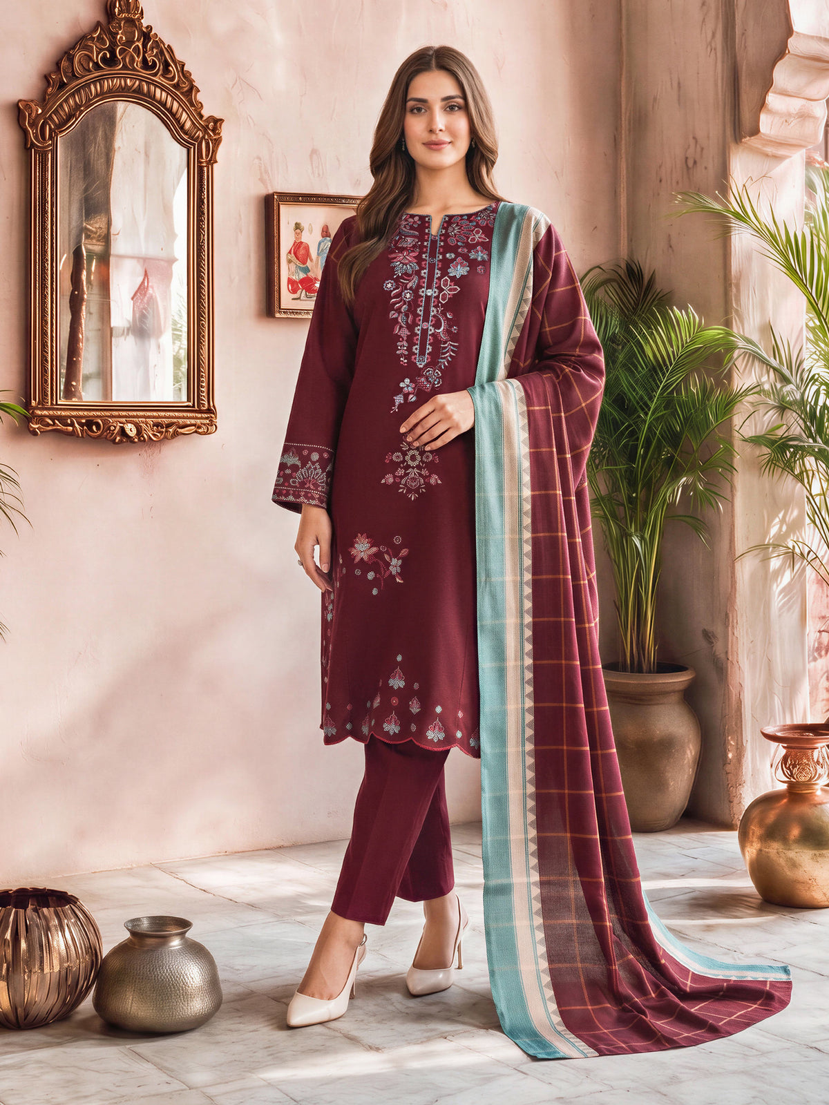 3 Piece Viscose Khaddar Suit- Embroidered (Unstitched)