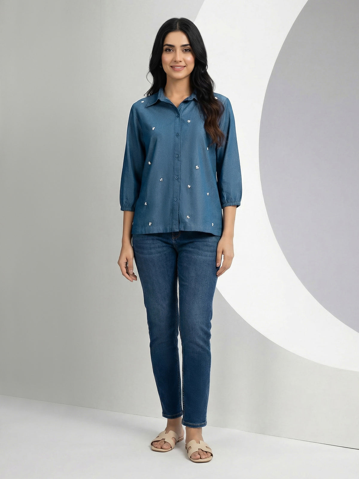 Chambray Top- Embellished
