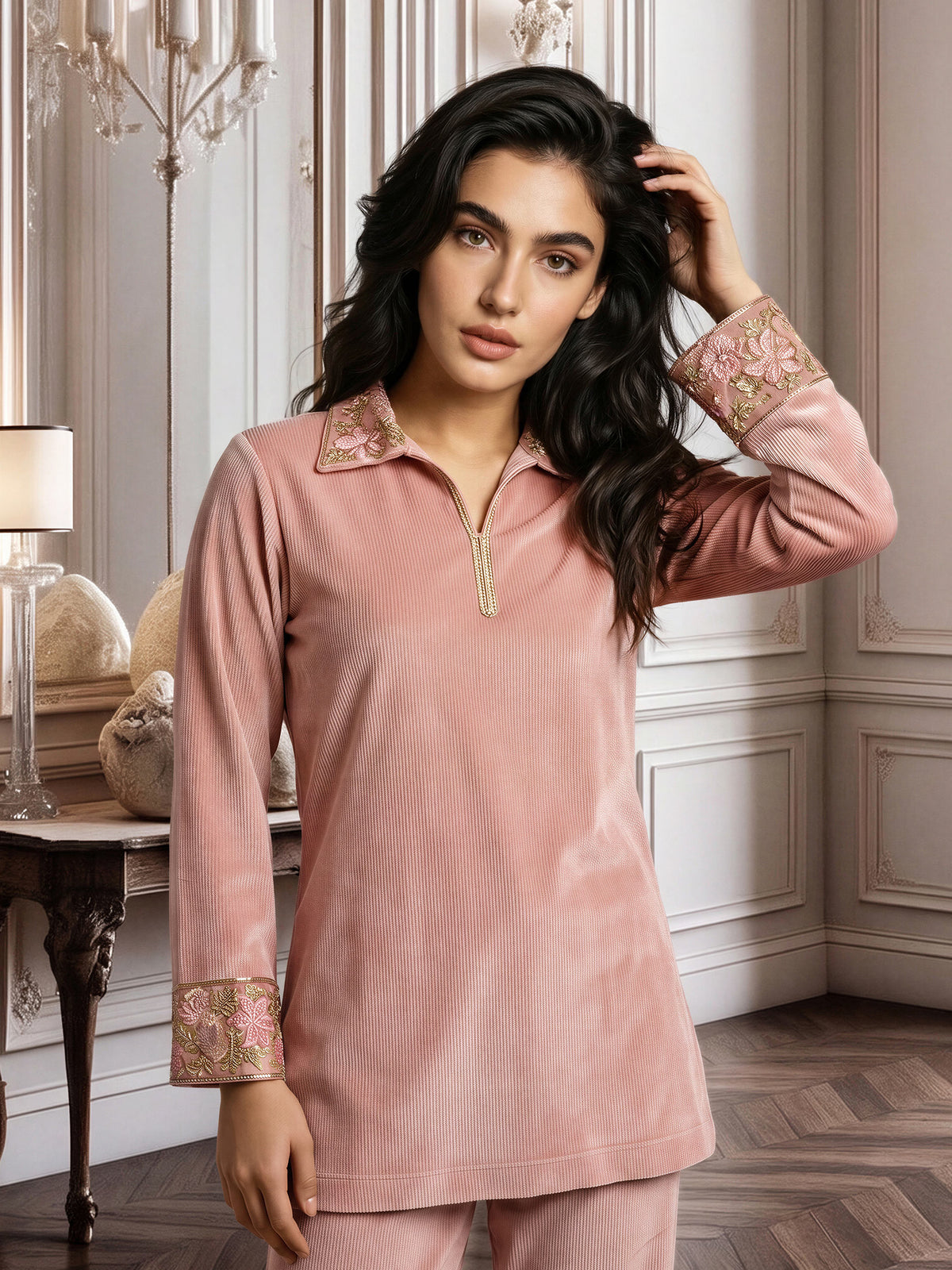 Velour Shimmer Co-ord Set- Embroidered